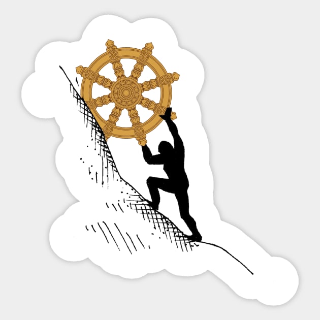 Sisyphus Rolling the Dharma Wheel Sticker by neememes